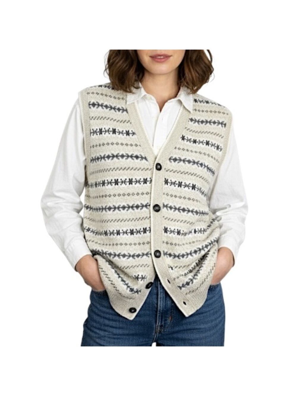 Vintage 80s 90s fair isle style beige cream cotton button front sweater vest S